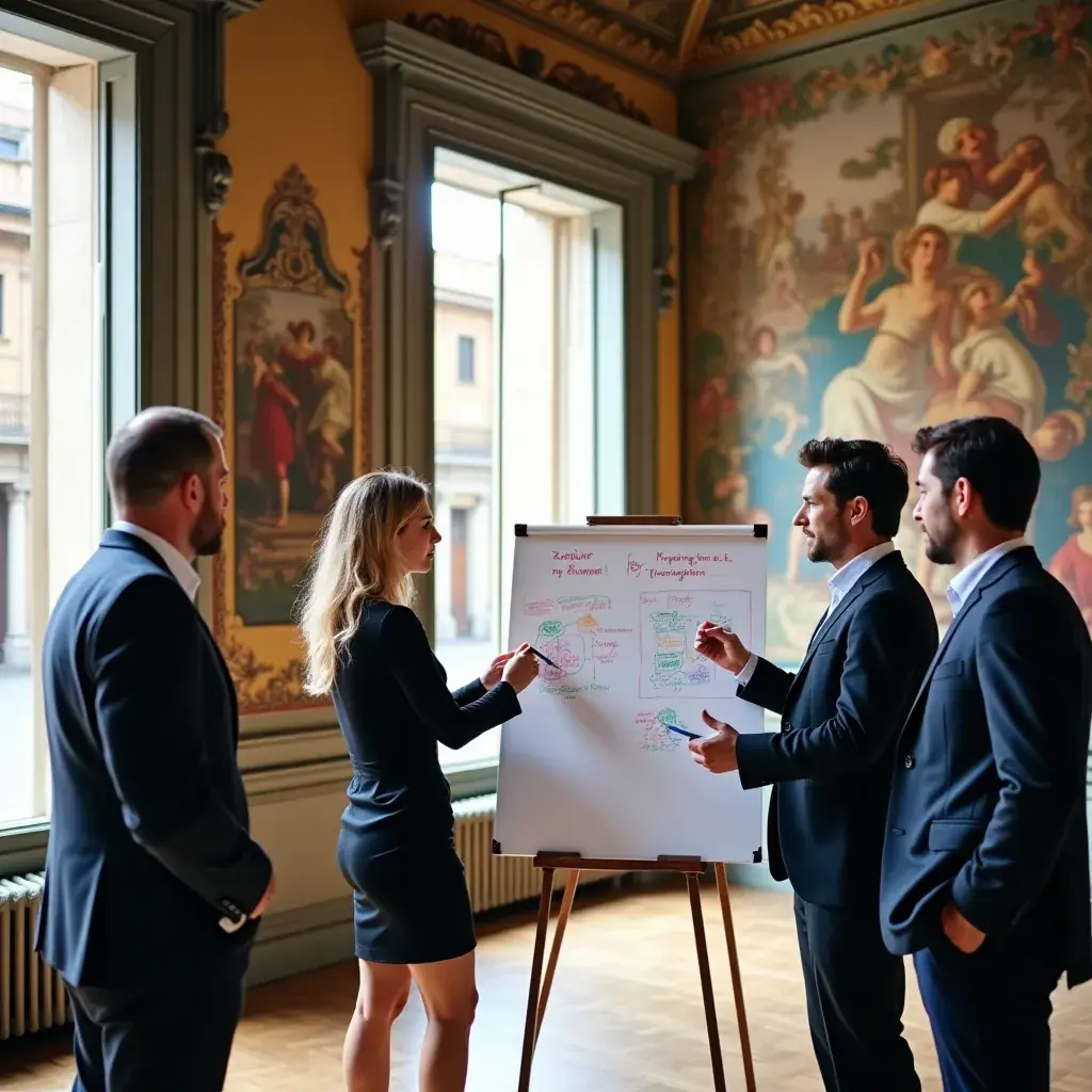 Rappresentazione di un brainstorming tra imprenditori e consulenti.